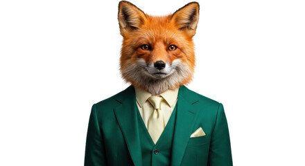 Fox head in green suit isolated on transparent PNG, anthropomorphic animal character for design and creative projects