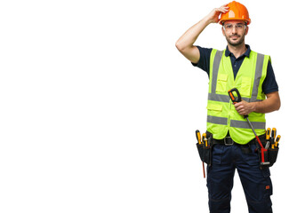 Construction worker in hard hat and safety vest isolated, holding tools and wearing safety glasses, ready for work