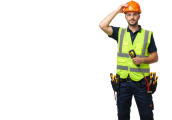 Construction worker in hard hat and safety vest isolated, holding tools and wearing safety glasses, ready for work