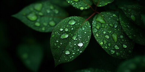 Fototapeta premium Green plant leaves covered with fresh raindrops in natural light - AI generated