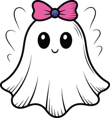 Halloween cartoon ghost with pink bow, cheerful expression, cute spooky character, playful festive vector illustration for children’s seasonal artwork
