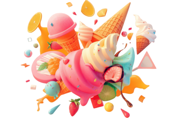 Vibrant Ice Cream Cones and Sweet Treats with Colorful Sprinkles and Decorative Elements on Black Background