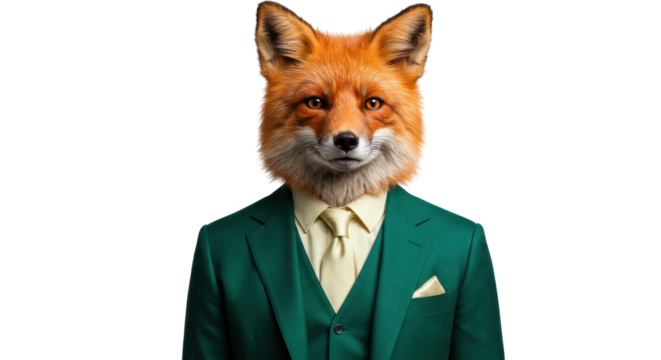Fox head in green suit isolated on transparent PNG, anthropomorphic animal character for design and creative projects