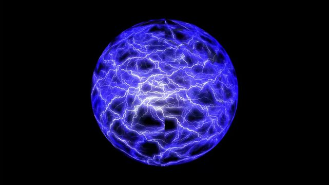 Spherical blue neon energy or plasma ball with bright electric lightning streams and glowing effects on black background
