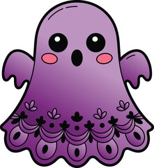 Halloween cartoon ghost, purple gradient body, lace pattern, floral motifs, cute festive character, whimsical spooky vector, decorative seasonal illustration