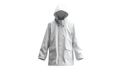 A light-colored raincoat with a hood and pockets is displayed on a dark background, showcasing the minimalist design and highlighting the textures of the fabric.