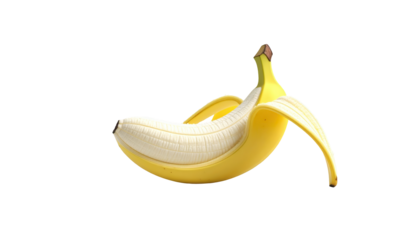 shot presents a peeled banana against a dark black background, with the ripe, yellow fruit partially exposed, revealing its creamy white edible flesh.