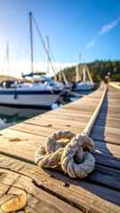 Obraz premium Heavy marine ropes tied in a knot on a wooden dock with the ocean and sailboat in the background