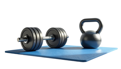 Gym equipment, including a dumbbell set and a kettlebell, rest on a blue exercise mat against a stark black background, emphasizing fitness and strength training with a focus on weightlifting.