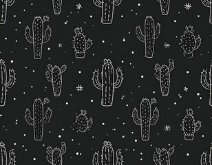 Repeated white cactus illustrations on a black background with scattered white stars