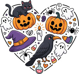 Halloween heart shape, cartoon ghost, jack-o'-lantern, black cat, witch hat, candy corn, festive spooky vector, cute seasonal illustration