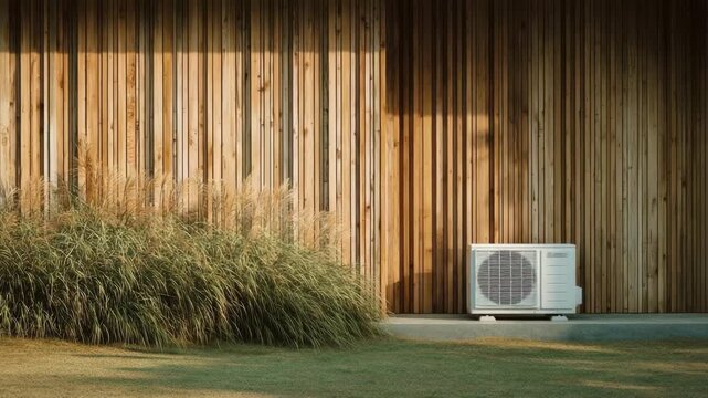 Outdoor air conditioning unit on a concrete pad beside a wooden fence, with tall ornamental grasses in the foreground.