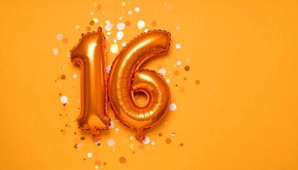 Orange balloon number 16 with confetti on solid colored background. Photo for anniversary or birthday party