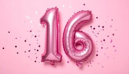 Pink balloon number 16 with confetti on solid colored background. Photo for anniversary or birthday party