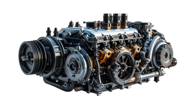 Detailed depiction of an engine, showcasing an intricate arrangement of mechanical components with metallic surfaces, and a striking interplay of light and shadow against a stark black backdrop,...