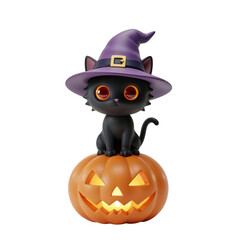 Cute halloween black cat wearing witch hat sits on glowing jack o lantern pumpkin decoration isolated on transparent background