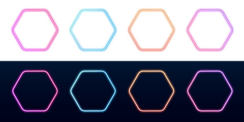 A glowing neon hexagonal frame with smooth gradients on a dark background. Vivid colors create a futuristic light effect. Perfect for digital posters or banners. 