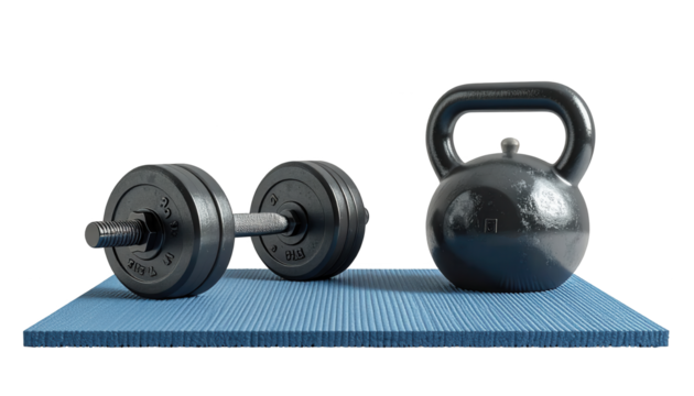 Black dumbbells and a kettlebell sit side-by-side on a blue textured mat against a stark black backdrop, capturing equipment commonly used for strength training and overall fitness goals within a ...