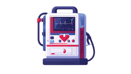 Medical device with a heart rate monitor shows a graphic display of a heartbeat rhythm on a screen, showcasing the intricate wave patterns, rendered with a clean, illustrative style against a dark...