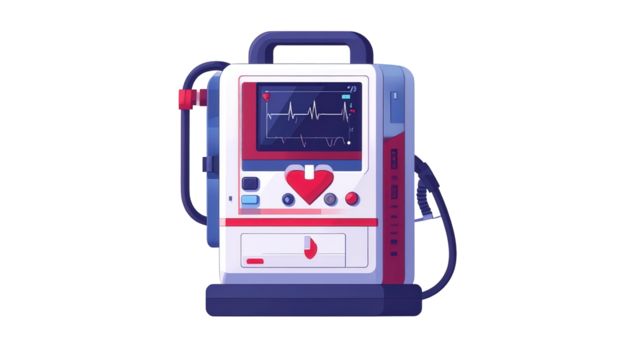 Medical device with a heart rate monitor shows a graphic display of a heartbeat rhythm on a screen, showcasing the intricate wave patterns, rendered with a clean, illustrative style against a dark...