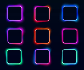 A collection of rectangular neon borders in pink, cyan, and purple shades on a black background. Each frame emits a soft glow. Designed for tech-themed visuals.