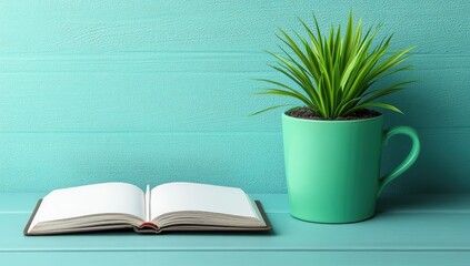 Plant in mug, book open, aqua wall. Simple still life