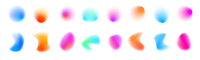 Collection of iridescent blob shapes with a smooth gradient texture and organic forms. Each element looks like a floating holographic gel. Ideal for modern art compositions. PNG