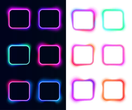 Glowing neon square float softly on a dark background, blending pink, purple, and blue hues to create a mesmerizing futuristic light effect.