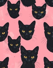 Repeating illustrated black cat faces with yellow eyes against pink