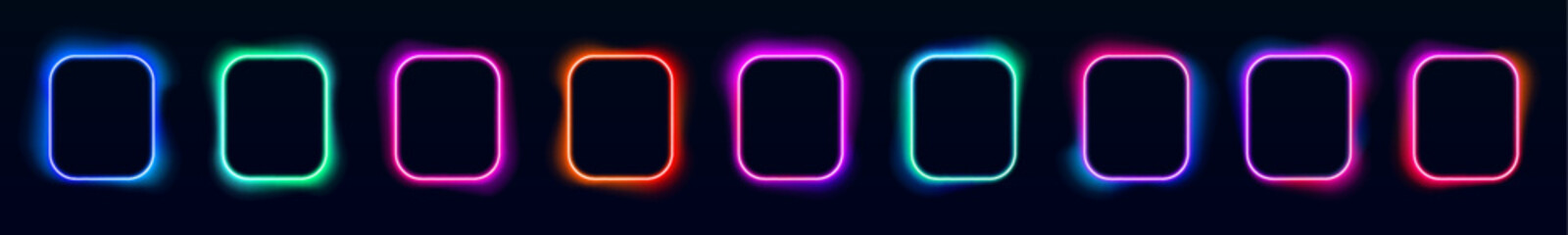 Set of glowing square frames with multi-color gradients and neon edges, highlighting a modern and sleek look on a pitch-black background with smooth light transitions.