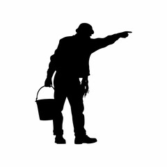 Silhouette of a man washing his car with bucket isolated on white background