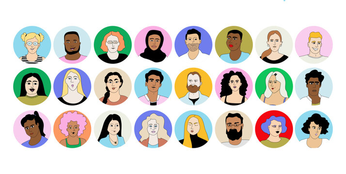 Colorful Avatar Collection &ndash; 24 Diverse People Portraits Contact Sheet, Creative Vector Illustration Megapack
