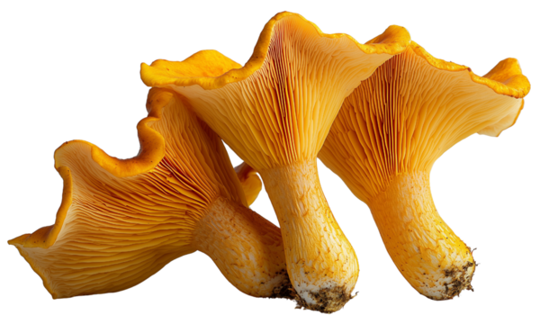 Three golden chanterelle mushrooms with trumpet-shaped caps and pronounced gill-like ridges.