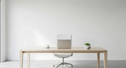 Obraz premium Minimalist home office setup with a wooden desk, laptop, chair, and a small plant against a clean white wall