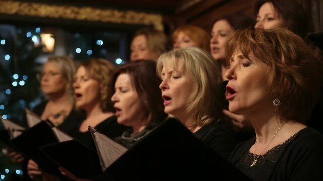 A choir of women singing together, each holding a music folder in a dimly lit performance.