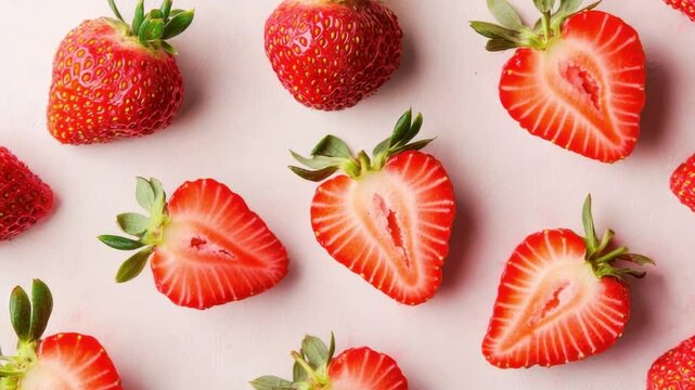 Fresh Red Strawberries on White Surface with Sliced Pieces Displayed in Artistic Arrangement for Culinary Use 4k video footage