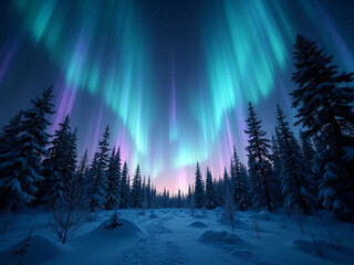 Aurora Over Snow Forest