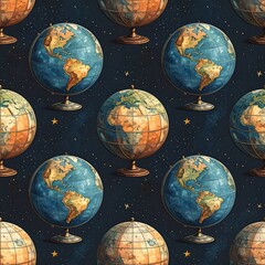Repeating pattern of antique globes against a starry night background