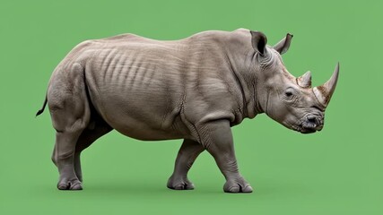 A full-length profile of a majestic white rhinoceros walking against a green screen background for compositing 0930