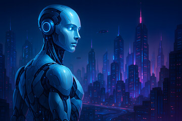 Futuristic android overlooking urban cityscape at night with transparent background