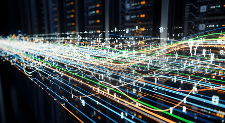 Data stream visualization with vibrant lines and digital numbers, perfect for illustrating technology concepts or modern network infrastructure, data flow.