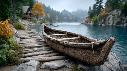 Obraz premium A canoe tied to a dock on a misty lake.