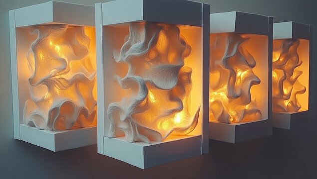 Illuminated white 3D sculptures in box frames on a wall