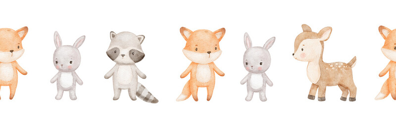 Seamless border with cute fox, raccoon and bunny, watercolor hand drawn background for kids, nursery