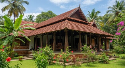 Discover the charm of traditional Kerala architecture in this serene tropical home with lush gardens