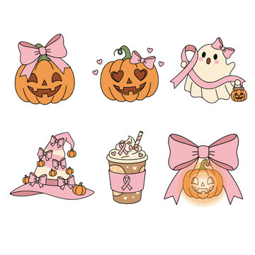 Retro Halloween Coquette Breast Cancer Awareness Vector Set of Cute Cartoon Pumpkins, Ghosts, Witch Hats, Latte Cups, and Bows with Pink Ribbons, Hearts, Candy, and Girly Details, Bold Vintage Illustr