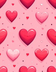 Repeating pattern of colorful, stylized hearts with dots on a pink background