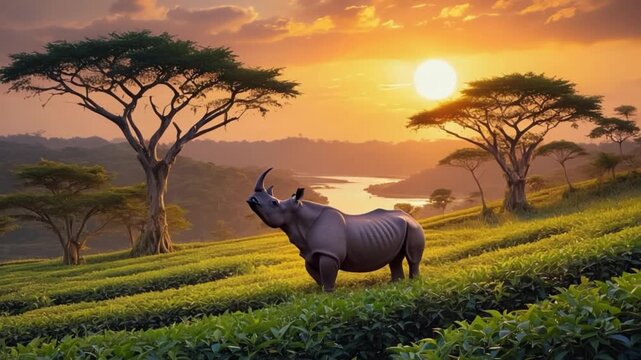 assam indian landscape at sunset with rhinoceros video
