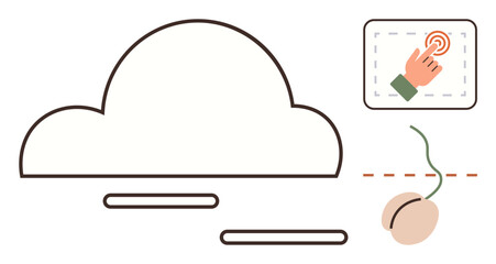 Cloud outline at center, touchscreen interaction indicated by hand and mouse for navigation. Ideal for technology, innovation, internet, digital solutions, teamwork, future concepts, accessibility