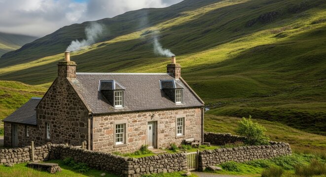 Cozy stone cottage nestled in stunning green Scottish Highlands landscape with smoke from chimneys